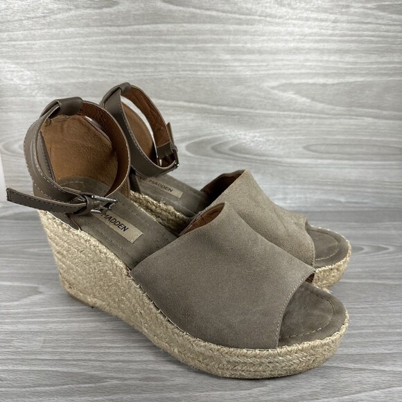 Steve Madden JYIA Espadrille Wedge‎ Sandals Size 10 Brown Suede Leather Peep Toe - Picture 5 of 11